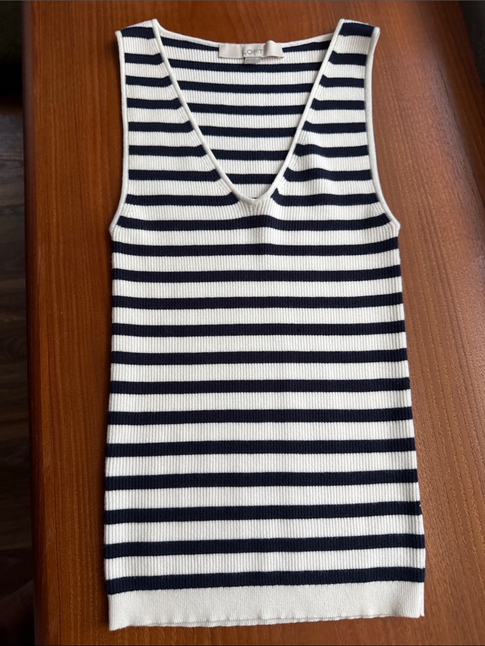 LOFT Striped V-Neck Rib Knit Tank Top - White & Navy